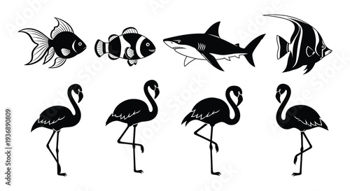 Black and white illustration depicting various sea creatures and flamingos