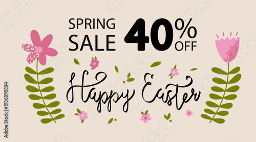 Easter flower banner with discounts and special offers. Vector illustration for online or offline sales