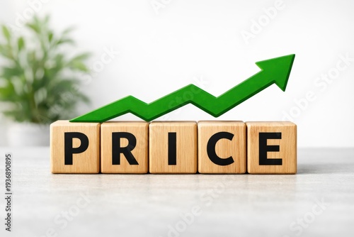 Price Growth Visualization: Wooden blocks spelling out PRICE are placed in front of a growing green arrow, symbolizing market increases and trends