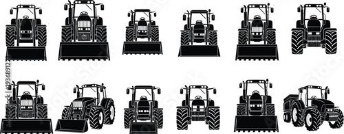 Agricultural tractor silhouettes set with front loader and bulldozer blade, heavy farming machinery collection isolated for agriculture industry