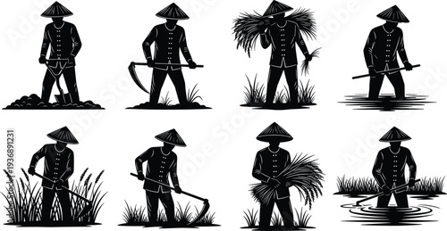 Asian rice farmer silhouettes set harvesting paddy, planting rice seedlings, traditional agriculture workers in conical hats farming in wet fields