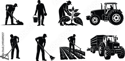 Farmer and agriculture worker silhouettes set with tractor, planting crops, raking soil, carrying bucket, farming activities collection isolated