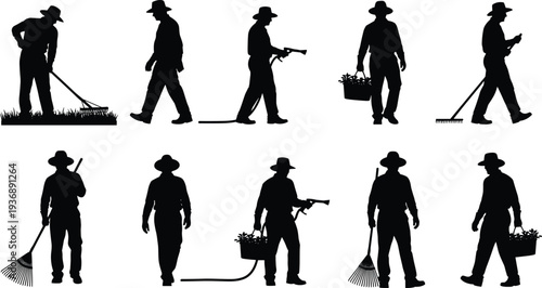 Gardener and landscaping worker silhouettes set, men raking lawn, watering plants with hose, carrying baskets, professional garden maintenance collection outdoor