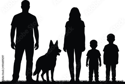 Black silhouette of a happy family with two children and a dog standing on grass isolated on white background, parenthood