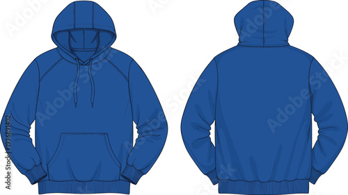 Blue hoodie sweatshirt mockup illustration, casual long sleeve pullover front and back view isolated on white background