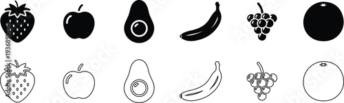 A collection of fruit illustrations in black and white showcasing various types of fruits in both filled and outlined styles