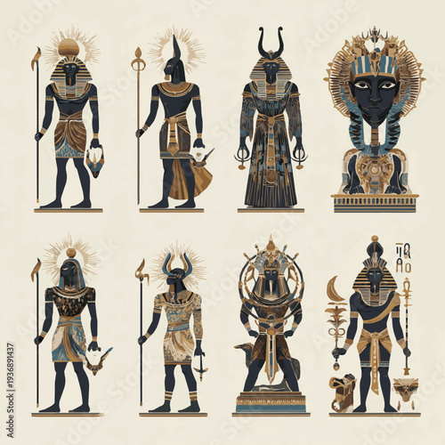 Generate A Set of ancient Egyptian historical figures and mythological symbols with vector illustration