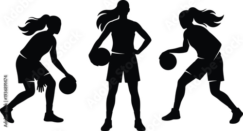 Set of black silhouettes showing female basketball player dribbling, holding ball, and playing in various athletic poses isolated on white background