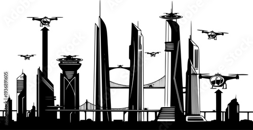 Futuristic City Skyline and Air Taxis Vector, Black and White Future Travel
