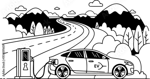 Electric Car Charging on Road Trip Vector, Black and White Green Travel Design
