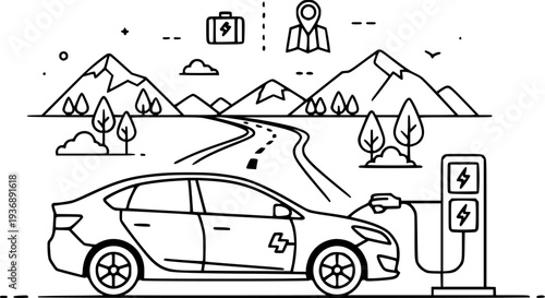 Electric Car Charging on Road Trip Vector, Black and White Green Travel Design
