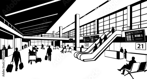 Modern Airport Terminal Interior Vector, Black and White Aviation Travel Design
