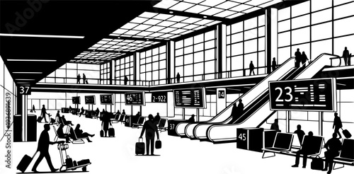 Modern Airport Terminal Interior Vector, Black and White Aviation Travel Design
