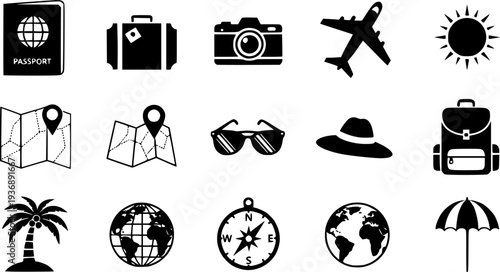 Travel Essentials Icon Set Flat Vector, Black and White Tourism Graphic Assets
