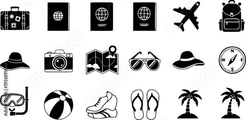 Travel Essentials Icon Set Flat Vector, Black and White Tourism Graphic Assets
