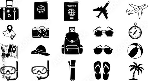 Travel Essentials Icon Set Flat Vector, Black and White Tourism Graphic Assets
