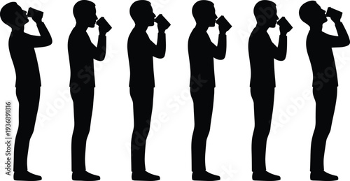 Set of black silhouettes showing a man drinking from a cup in a step by step sequence, isolated on white,