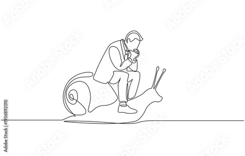 Continuous one line drawing of disappointed businessman sitting on snail, symbolizing stress from slow business growth, single line art.