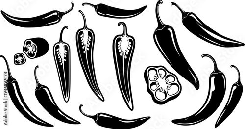 hili pepper silhouettes, Chili vector illustration, Chili pepper, Chili pepper clipart, Chili pepper logo, Hot chili pepper silhouettes, Chili, Half chili, Chili silhouette bundle