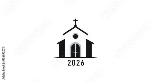 Simple black and white church building icon with cross and year 2026.