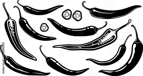 hili pepper silhouettes, Chili vector illustration, Chili pepper, Chili pepper clipart, Chili pepper logo, Hot chili pepper silhouettes, Chili, Half chili, Chili silhouette bundle