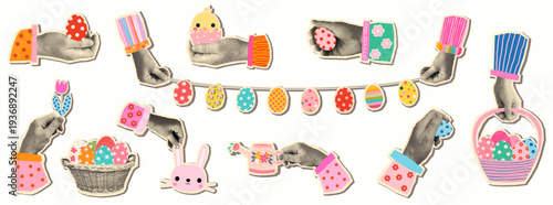 Fun vector halftone scrapbook Easter elements, cutout shapes with hands holding eggs for spring greeting cards and posters
