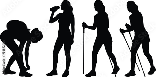 Set of black silhouettes showing woman stretching, drinking water from bottle, and Nordic walking with poles isolated on white background, fitness