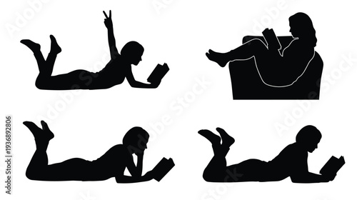 Set of black silhouettes showing women reading books while lying down and sitting in a chair isolated on white background, education