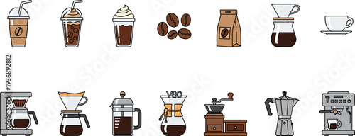Coffee and Brewing Equipment Icon Set Featuring Coffee Beans, Espresso, Drip Coffee Makers, French Press, Moka Pot, and Cups in Vector Design