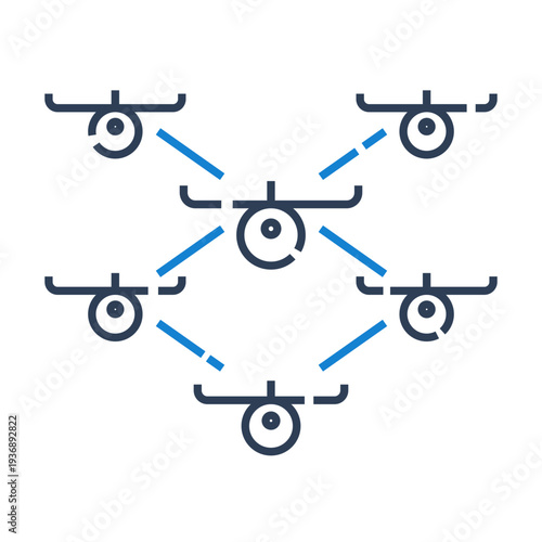 Swarm intelligence icon for autonomous drone coordination system, distributed robotics network line icon for AI collaboration