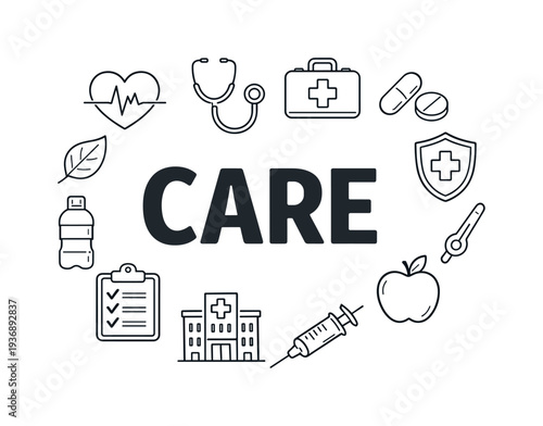 Healthcare and medical icons surrounding the word CARE on a white background
