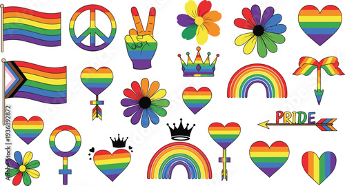 Pride and LGBTQ+ Symbol Icon Set Featuring Rainbow Flags, Peace Signs, Hearts, Flowers, Crowns, and Pride Arrows in Vector Design