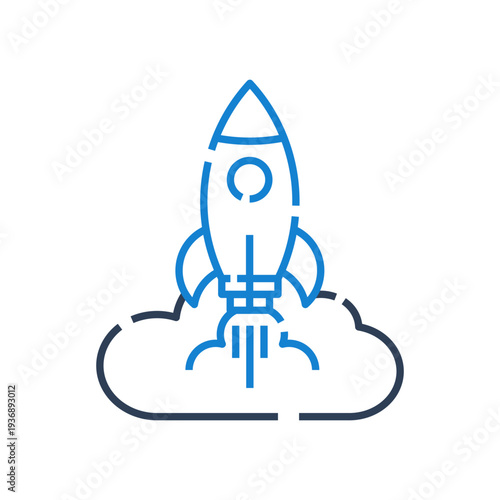 Model deployment icon for machine learning production system, cloud ai launch symbol for application deployment platform
