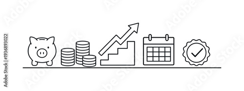 Financial growth icons: piggy bank, coins, rising graph, calendar, and quality seal