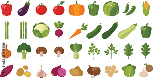 Vegetable and Healthy Food Icon Set Featuring Carrots, Tomatoes, Peppers, Mushrooms, Garlic, Lettuce, Cabbage, and Fresh Produce in Vector Design