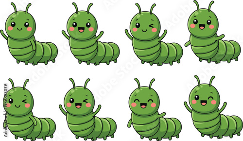 Cute cartoon green caterpillars with playful expressions, segmented bodies, antennae, whimsical vector design for children’s educational materials, animations, and stock illustrations