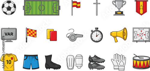 Football and Soccer Icon Set Featuring Field, VAR, Red Cards, Whistle, Trophy, Uniform, Shoes, and Referee Equipment in Vector Design