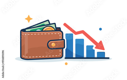 Wallet with cash and coins next to a downward trending bar graph and red arrow