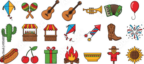 Festival and Celebration Icon Set Featuring Musical Instruments, Fireworks, Kites, Gifts, Food, Cactus, and Holiday Elements in Vibrant Vector Design