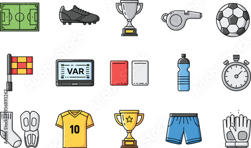 Soccer and Football Icon Set Featuring Cleats, Whistle, VAR, Red Cards, Yellow Cards, Trophy, Stopwatch, and Sports Equipment Vector Collection