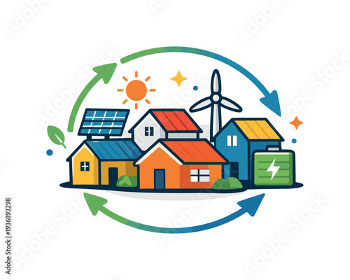 Sustainable energy concept with colorful houses and renewable resources