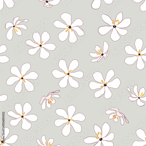 Seamless vector pattern with hand-drawn white jasmine-style flowers with delicate yellow stamens scattered across a calming, soft sage green background.