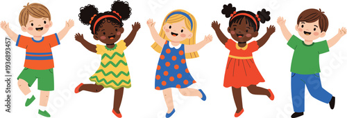 Diverse Children Character Icon Set Featuring Boys and Girls in Colorful Outfits, Jumping and Playing in Vector Style