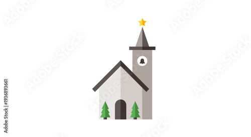 Simple church building with steeple and trees illustration.