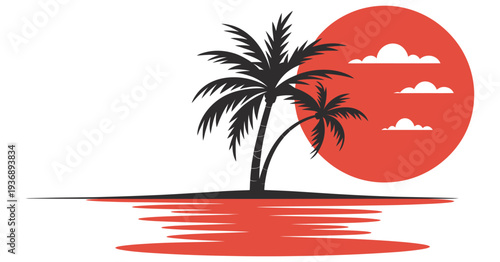 Sunset tropical island scene with banana trees, red sun, ocean reflection, and stylized clouds, minimalist artistic illustration perfect for travel posters, summer themes, and tropical designs.