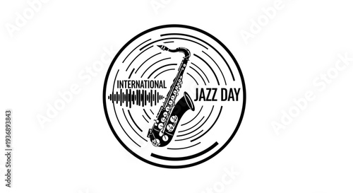 International Jazz Day celebration logo with saxophone and sound waves.