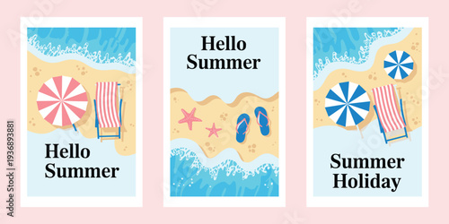 Three Summer Beach Scene Illustrations with Hello Summer and Summer Holiday Text