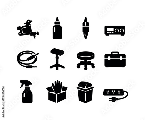 Vector icons of tattoo equipment and workspace essentials