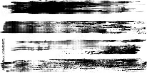 Grunge paint stripes and brayer print effects with merged black lines.
Thick rectangular callout stamps and chalk-style text boxes.