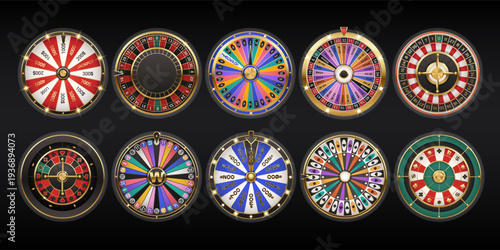 Set of spinning wheels. Colored roulettes with arrows. Fortune games in casino. Circles, rotation machine for bets, online gamblings, raffles and risk plays. Flat isolated vector illustration.